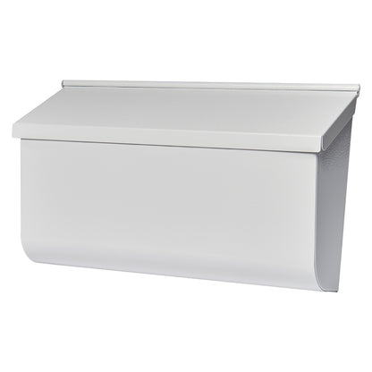 Emery Jensen house-mounted mailbox in woodlands white finish, featuring a horizontal design with a front access door and decorative details.