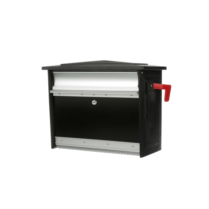 Black house-mounted mailbox with locking mechanism by Emery Jensen, featuring a sturdy design for secure mail storage.