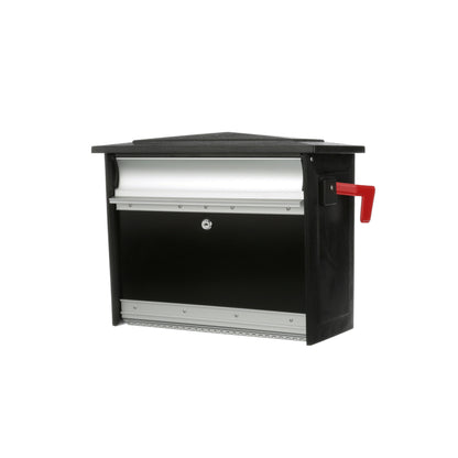 Black house-mounted mailbox with locking mechanism by Emery Jensen, featuring a sturdy design for secure mail storage.