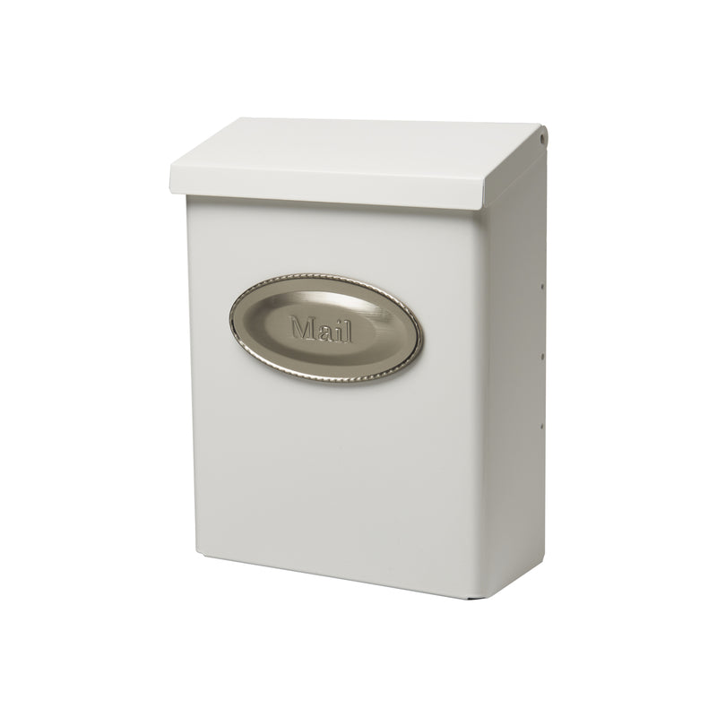Emery Jensen vertical house-mounted mailbox with lock, white finish and secure locking mechanism, attached to a residential wall.