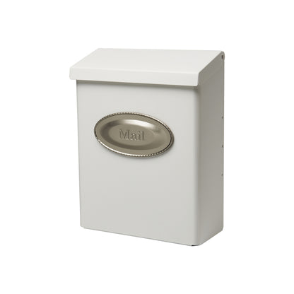 Emery Jensen vertical house-mounted mailbox with lock, white finish and secure locking mechanism, attached to a residential wall.