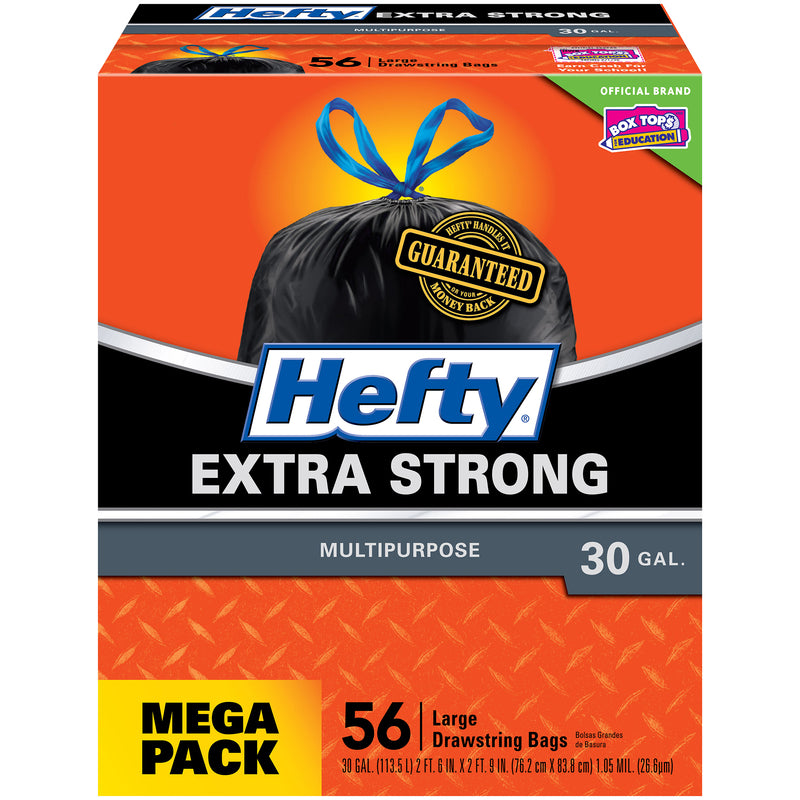 Emery Jensen household trash bags, 30-gallon drawstring size, 56-pack, durable black plastic trash bags for household use.