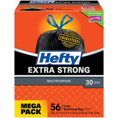 Emery Jensen household trash bags, 30-gallon drawstring size, 56-pack, durable black plastic trash bags for household use.