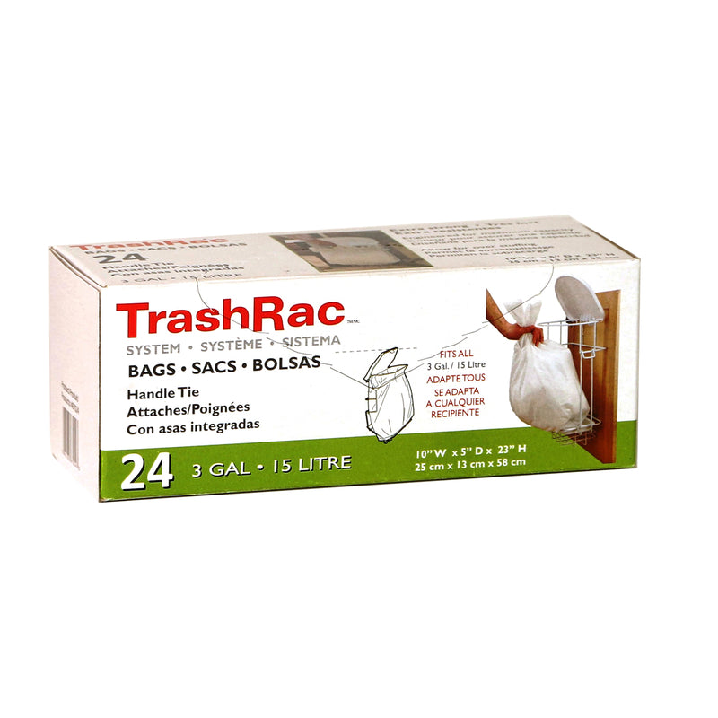 Emery Jensen TrashRac 3-gallon household trash bags, 24-pack, durable plastic waste liners for small trash bins.