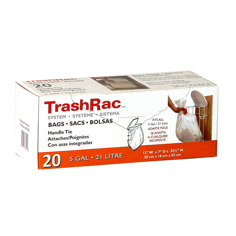 Emery Jensen TrashRac Bags 5Gallon household trash bags, 20-pack, durable waste disposal bags in a clear packaging shot.