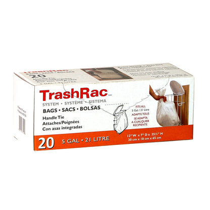 Emery Jensen TrashRac Bags 5Gallon household trash bags, 20-pack, durable waste disposal bags in a clear packaging shot.