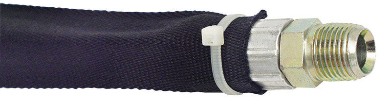 Nylon hose sleeve for hydraulic fittings, 1.59 inches, by Emery Jensen, shown on hydraulic hose for protection and insulation.