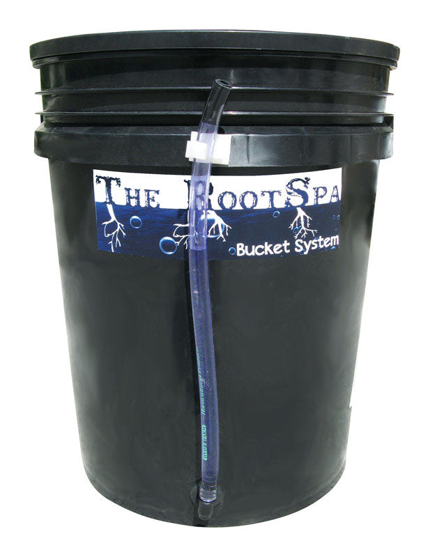 Emery Jensen Root Spa BCKT System 5-Gallon hydro seed starting product, shown in a clear container with soil and seed mixture.