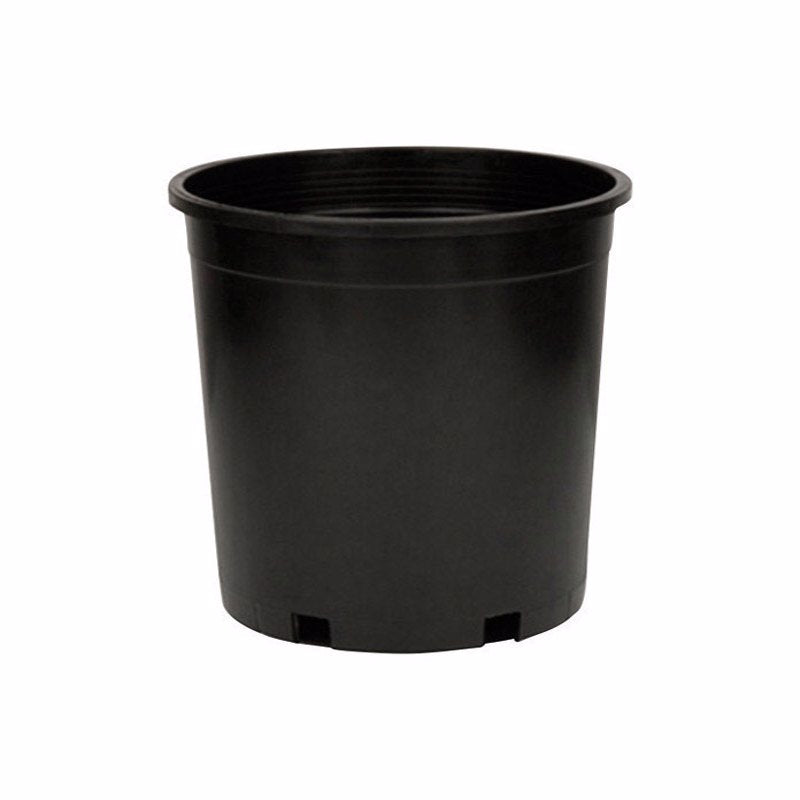Black 5-gallon nursery container from Emery Jensen for hydroponic gardening, durable plastic with a wide opening.