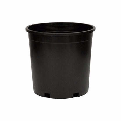 Black 5-gallon nursery container from Emery Jensen for hydroponic gardening, durable plastic with a wide opening.