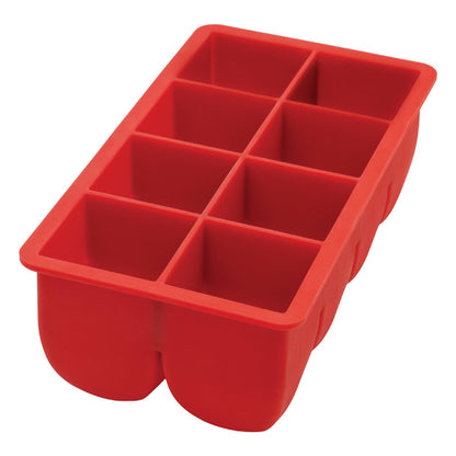 Red Emery Jensen ice cube tray with multiple cube molds for freezing ice in a kitchen or bar setting.