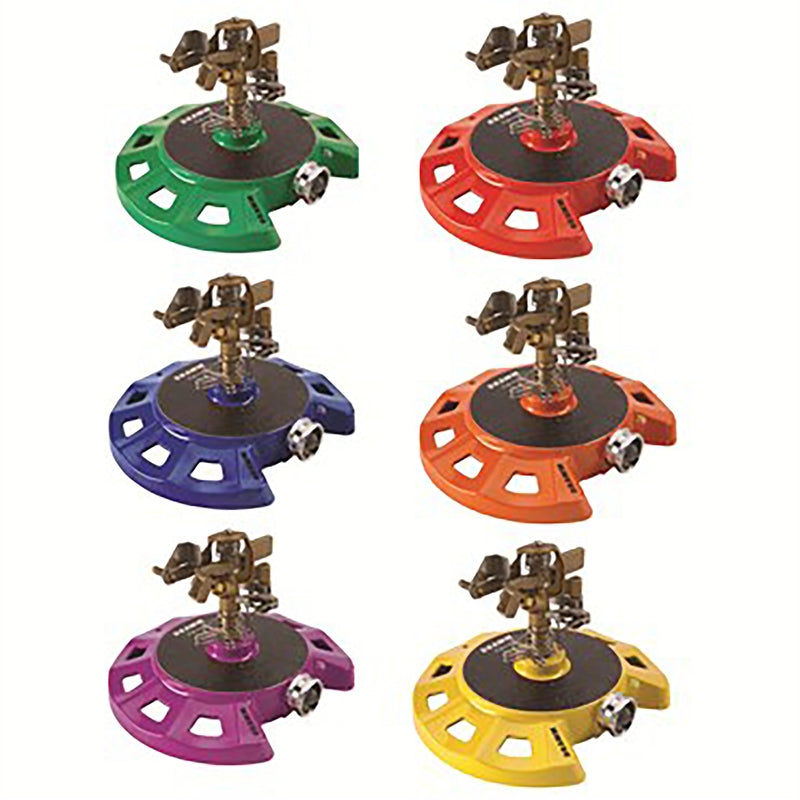 Set of six Emery Jensen CIRCLR Base Impulse Sprinkler heads with adjustable nozzles for lawn irrigation.