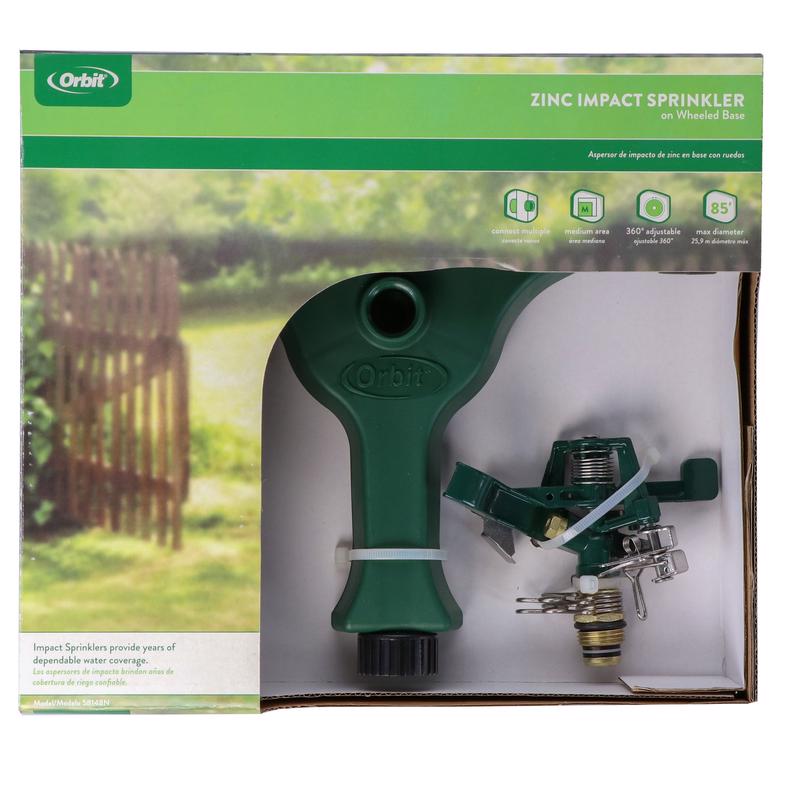 Emery Jensen impulse impact sprinkler in white, showing the adjustable spray head and sturdy base for garden watering.