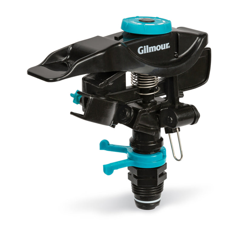 Impulse impact sprinkler head by Emery Jensen, model 5800SF, showing the spray nozzle and durable construction.