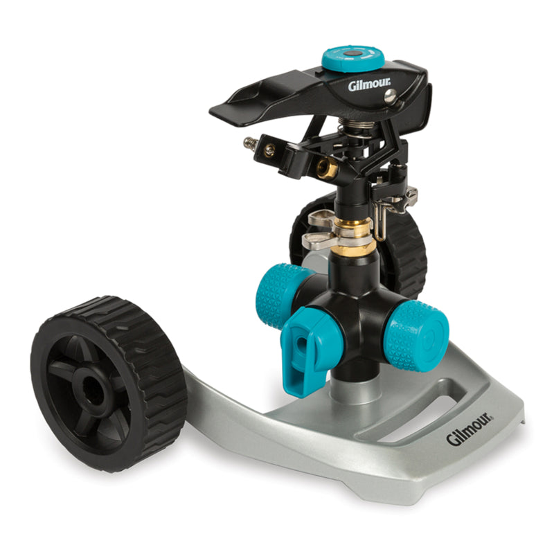 Emery Jensen impulse impact sprinkler model WHLD IMPACT SPRNK 5800SF watering lawn and garden with adjustable spray pattern