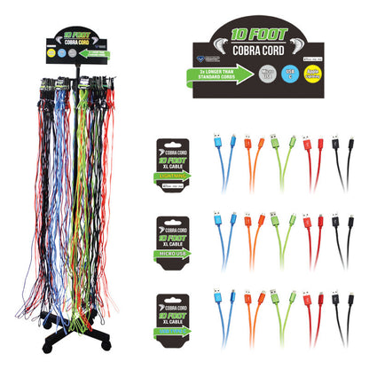 Pack of 72 Emery Jensen impulse novelty cell phone cords, 10 ft long, showing colorful flexible charging cables in a variety of colors.
