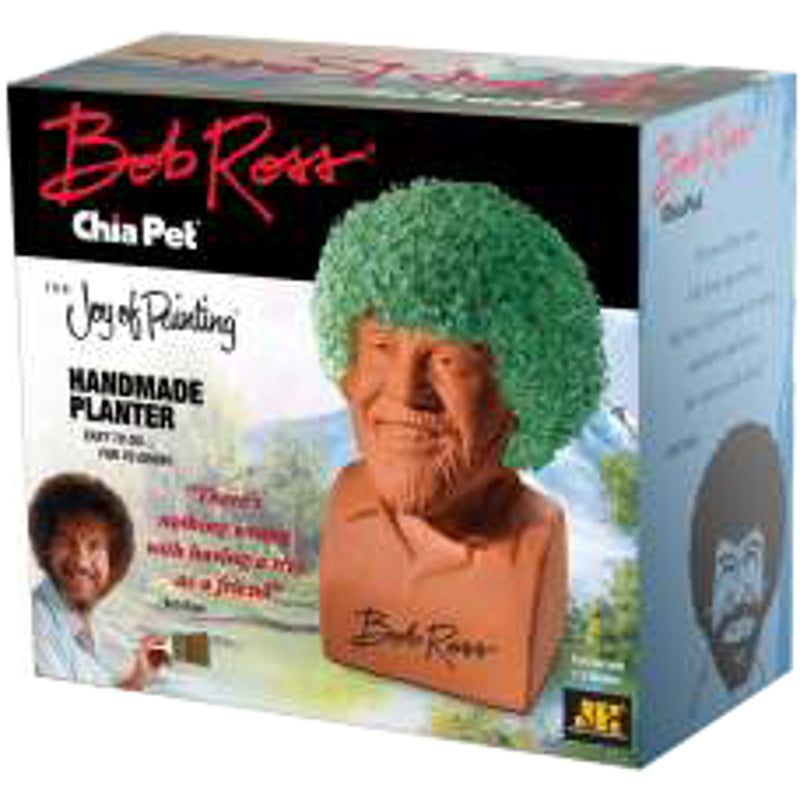 Chia Pet Bob Ross novelty planter by Emery Jensen featuring a ceramic bust of artist Bob Ross with chia seeds growing on top.