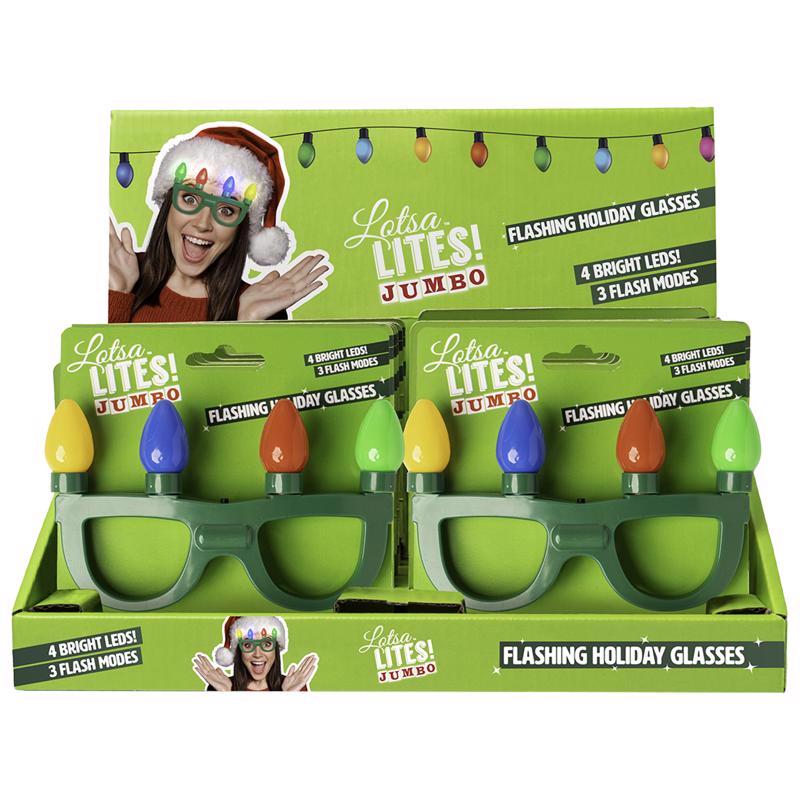 Set of 24 Emery Jensen impulse novelty Christmas lights glasses, flashing holiday-themed eyewear for festive celebrations.