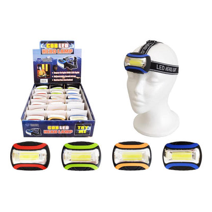 Pack of 18 Emery Jensen COB head lamps, impulse novelty LED headlamps with adjustable straps and bright illumination.