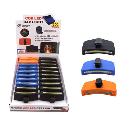 Set of 20 Emery Jensen COB LED cap lights in assorted colors, compact and lightweight for hands-free illumination.