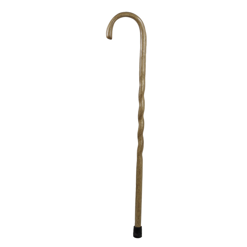Emery Jensen 37-inch oak Crook Cane Twist impulse novelty walking stick displayed outdoors with carved wooden handle