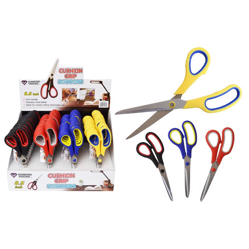 Set of 48 Emery Jensen cushion grip scissors, impulse/novelty craft scissors with comfortable ergonomic handles, shown in a pack.