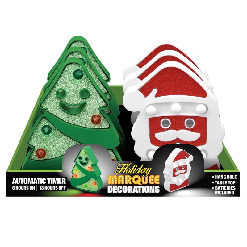 Set of 12 LED marquee Santa and tree novelty lights by Emery Jensen, perfect for festive holiday decorations.