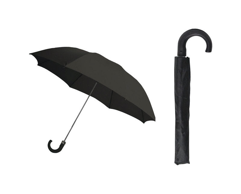 Black 42-inch auto umbrella from Emery Jensen's Impulse/Novelty collection, open to show its compact, sturdy design.