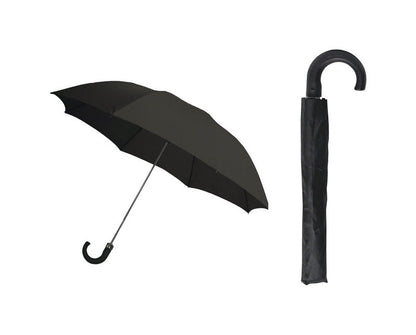 Black 42-inch auto umbrella from Emery Jensen's Impulse/Novelty collection, open to show its compact, sturdy design.