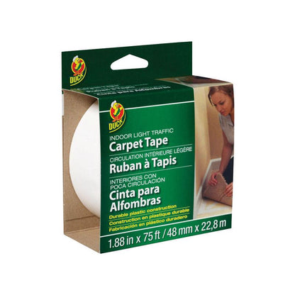 Emery Jensen indoor carpet tape, 1.88 inches wide and 75 feet long, white adhesive tape for securing carpets indoors.