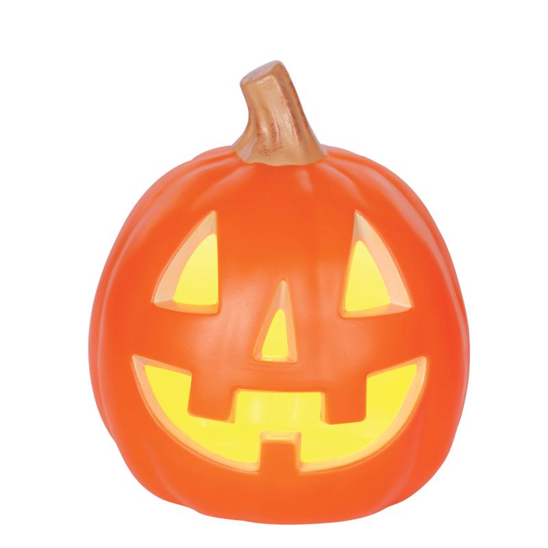 Emery Jensen 9-inch Halloween pumpkin indoor decoration with orange and black design for festive home decor.