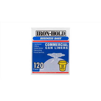 Clear 33-gallon industrial can liners by Emery Jensen, shown in a box with 120 liners for commercial waste management.