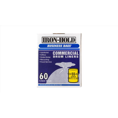 Emery Jensen industrial drum liner, 55-gallon capacity, clear, 60-pack for commercial waste containment.