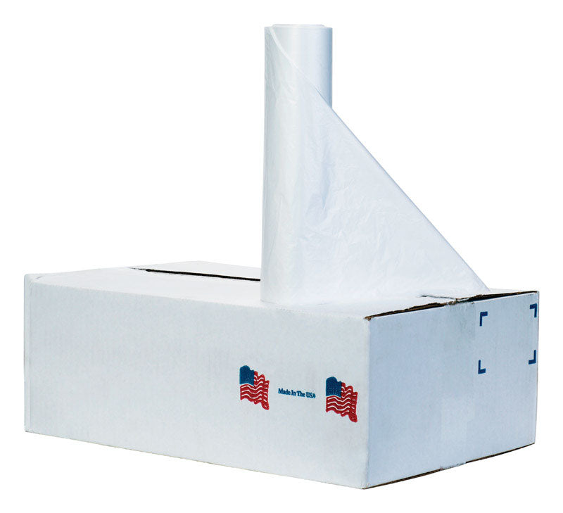 Clear industrial trash bag from Emery Jensen, 33-gallon capacity, 250-count heavy-duty commercial waste bags.