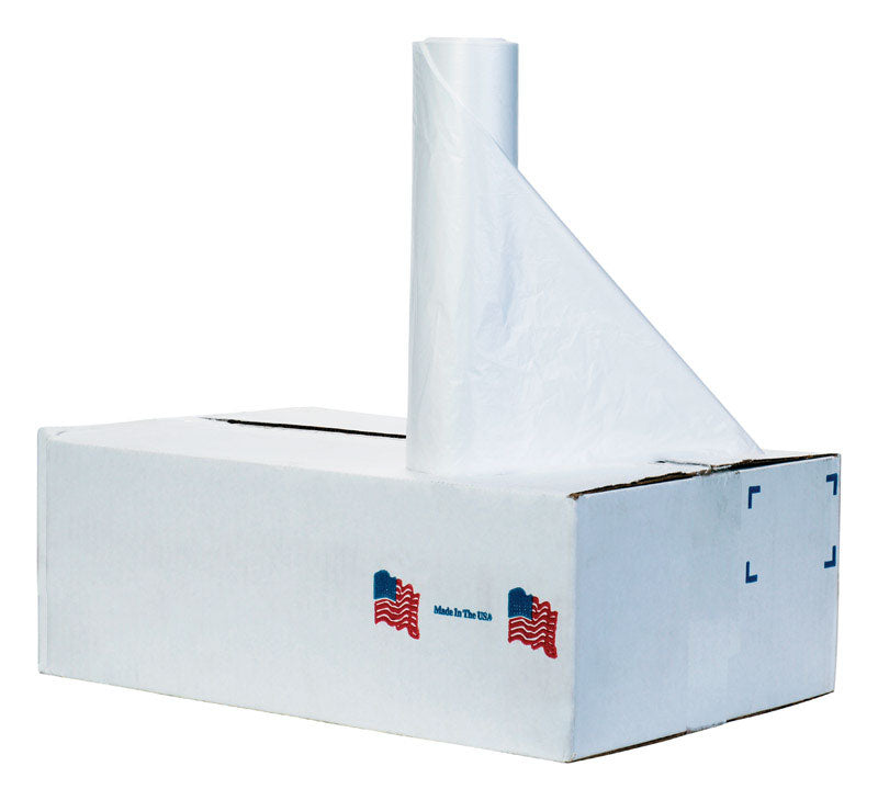 Clear industrial trash bag by Emery Jensen, 56-gallon capacity, 200-count pack, suitable for commercial waste disposal.