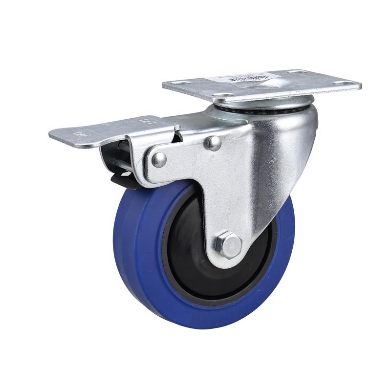 Industrial truck swivel caster with 4-inch brake from Emery Jensen, showing the sturdy wheel and brake mechanism in detail.
