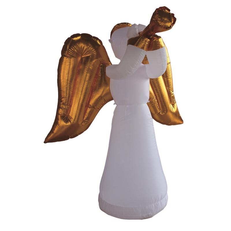 Gold inflatable angel decoration by Emery Jensen, 6 feet tall, with detailed wings and serene facial features.