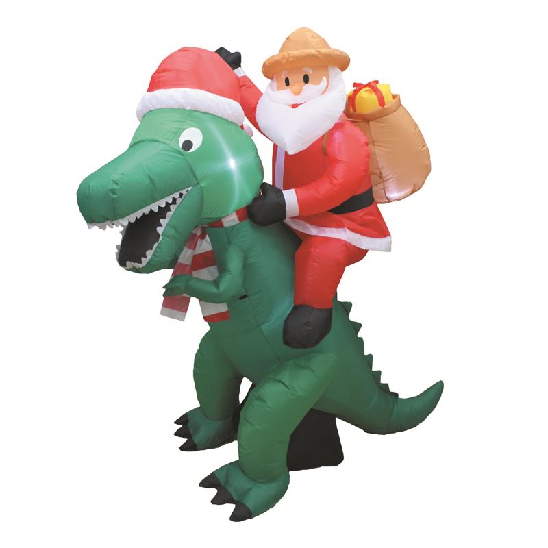 6-foot inflatable dinosaur with Santa hat by Emery Jensen, festive holiday inflatable for outdoor decorations
