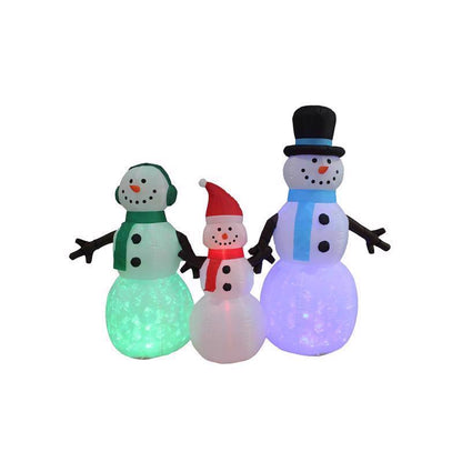 Eight-foot inflatable snowman family by Emery Jensen, featuring cheerful snowmen with scarves and hats, outdoor holiday decoration.