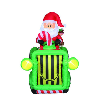 Inflatable Santa Claus with tractor, branded Emery Jensen, designed for holiday decorations, featuring festive red and white colors.