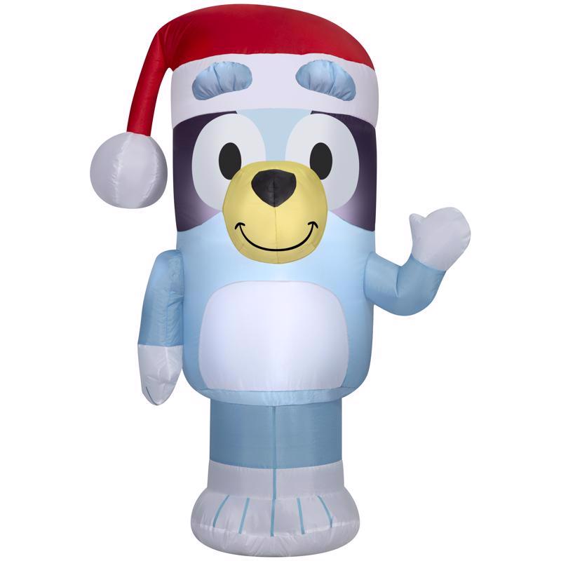 Bluey Santa inflatable, 42 inches tall, by Emery Jensen, featuring a festive Bluey dressed as Santa with holiday decorations.
