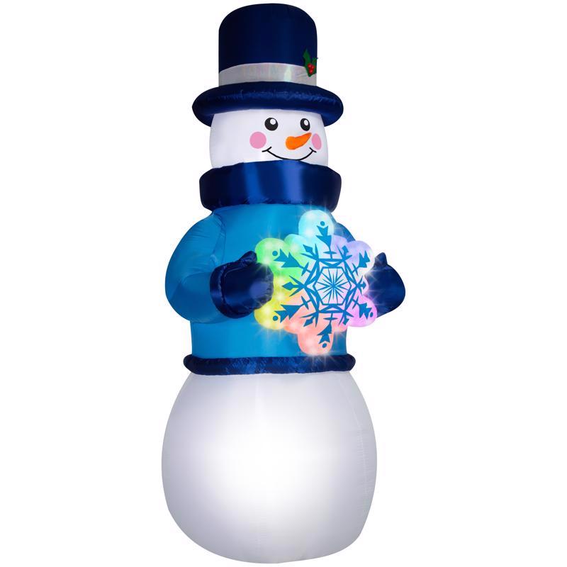 Colorful inflatable rainbow snowman, 12-foot size, by Emery Jensen, designed for outdoor winter and holiday celebrations.