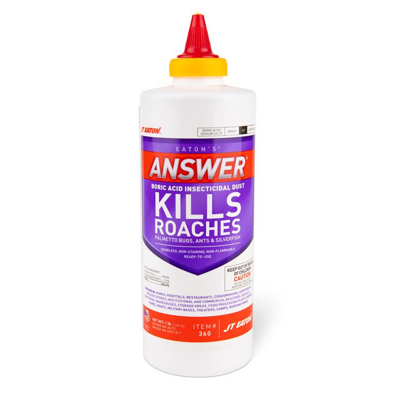 Answer Boric Acid insecticide dust by Emery Jensen in a 16oz container, shown in a clear image of the product packaging.