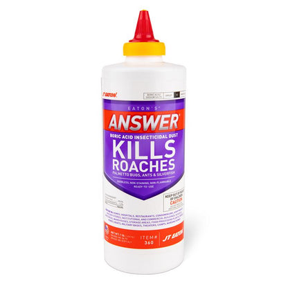 Answer Boric Acid insecticide dust by Emery Jensen in a 16oz container, shown in a clear image of the product packaging.