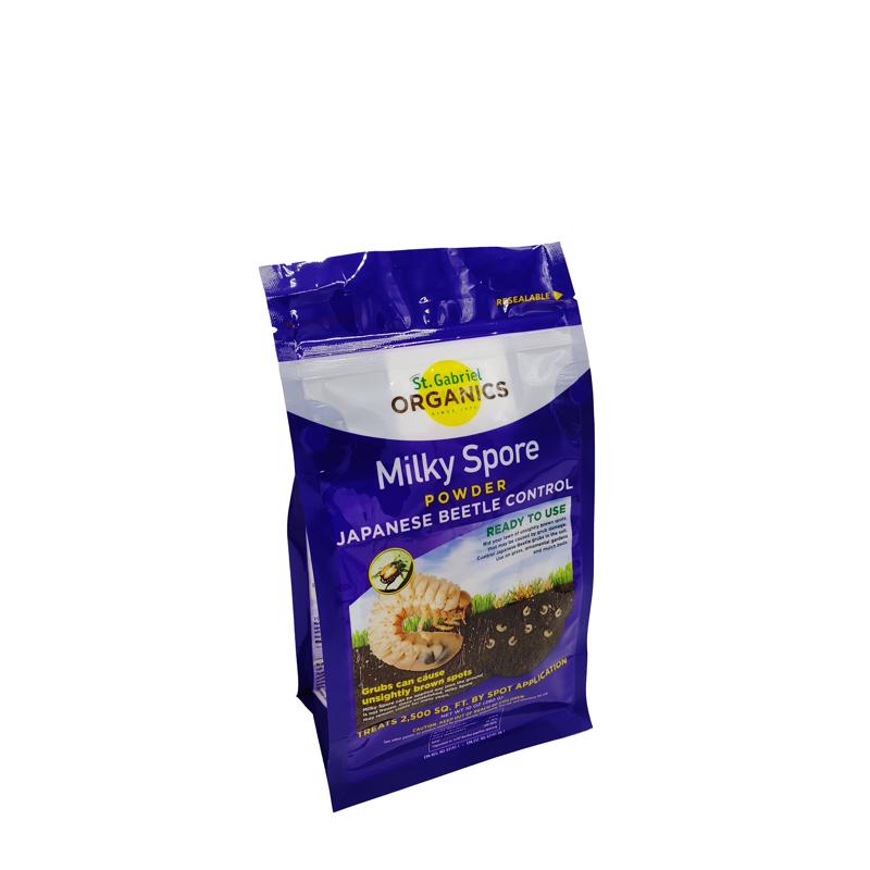 Milky Spore 10oz powder by Emery Jensen insecticide granules for organic lawn pest control, visible in the image.