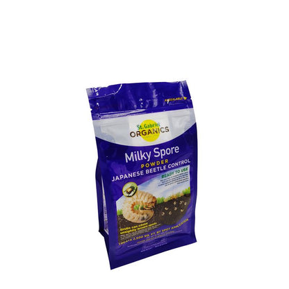 Milky Spore 10oz powder by Emery Jensen insecticide granules for organic lawn pest control, visible in the image.