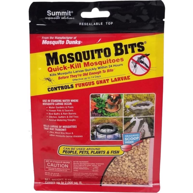 Emery Jensen Mosquito Bits insecticide granules in an 8oz container, used for mosquito control and outdoor pest management.