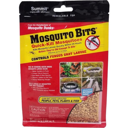 Emery Jensen Mosquito Bits insecticide granules in an 8oz container, used for mosquito control and outdoor pest management.