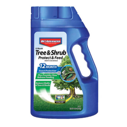 Emery Jensen Tree & Shrub Control insecticide granules in a 4lb container for pest management in outdoor trees and shrubs.