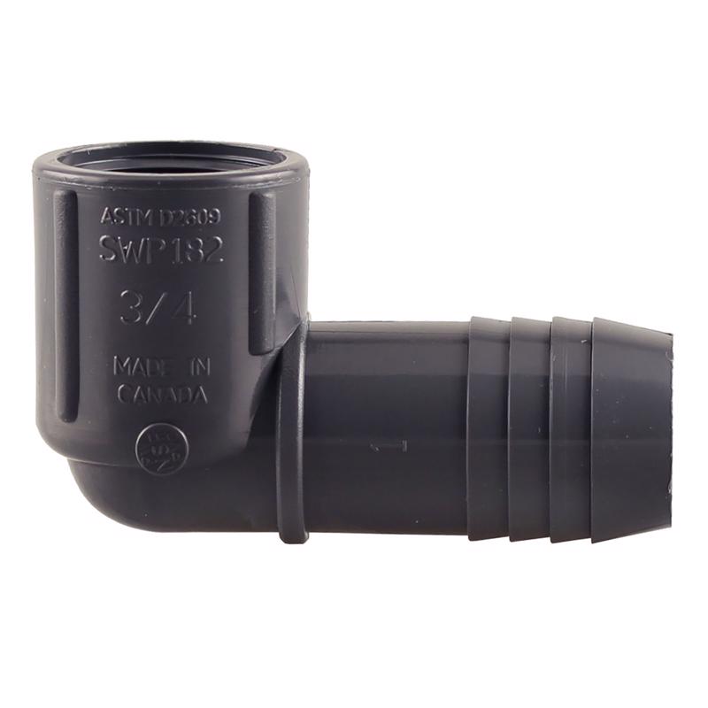 Emery Jensen nylon insert fitting with threaded connection, 90D ELBW size, 1x3/4 inch, designed for plumbing or industrial use.